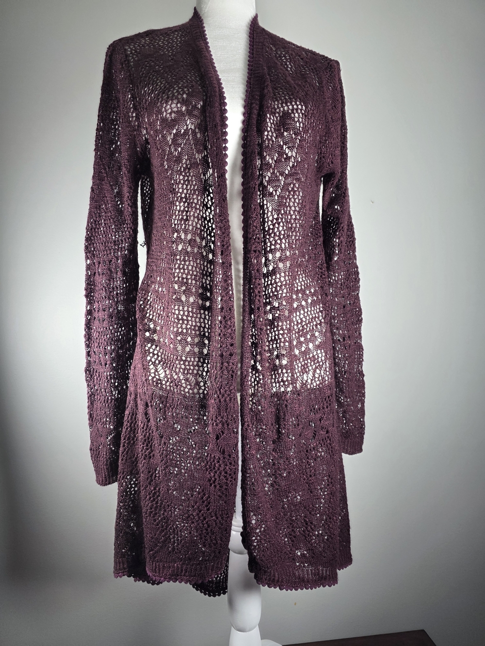 Almost Famous Women’s 3X Plum Purple Crochet Lace Open Front Long Cardigan Duste